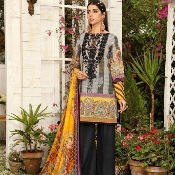 Dilara B - Nuriyaa 3 Piece Lawn Shirt with Neckline Embroidered & Silk Dupatta with Cotton Trouser