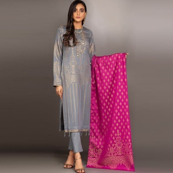 Stitched 3pc Jacquard Lawn Shirt with Contrast Jacquard Dupatta - Jacqaurd (WK-00562)