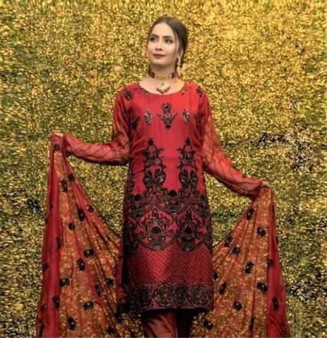 Maroon Orchard - 3Pc Unstitched Embroidered Chiffon