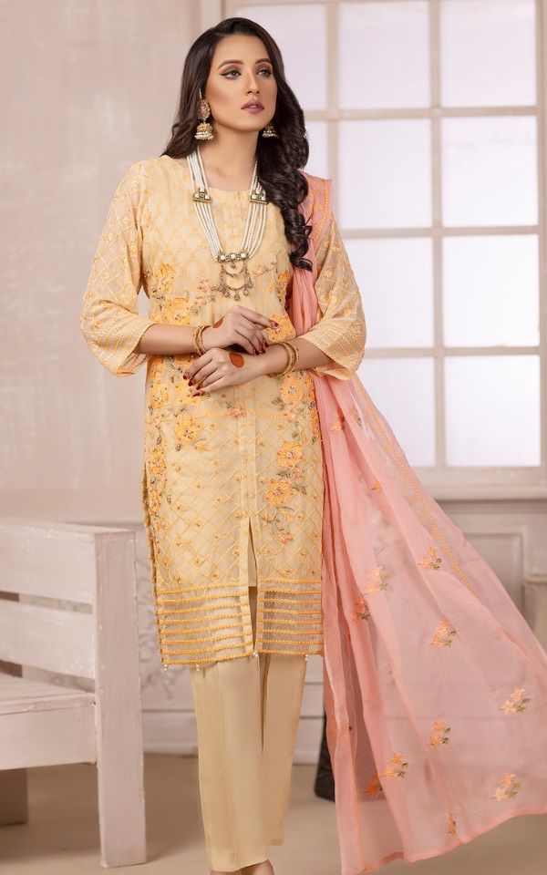 Tangy Peach Ketifa Embroidered Chiffon