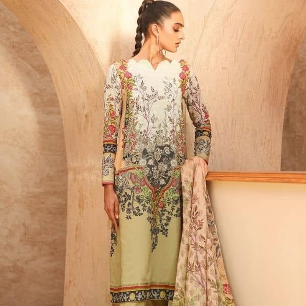 Three Piece Printed Suit With Jacquard Net Dupatta