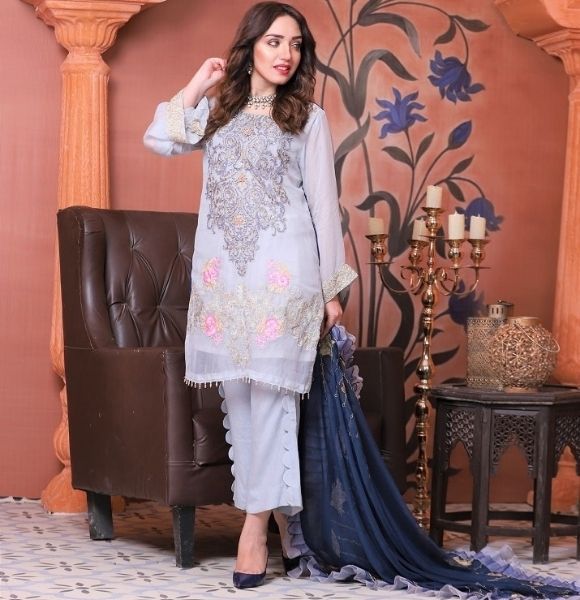 Glitzy Gray Chiffon - 3Pc Unstitched Embroidered Chiffon