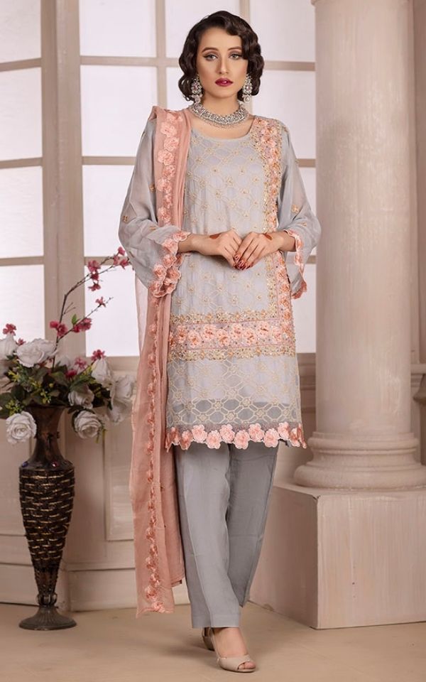 Gray Comfot Ketifa Embroidered Chiffon