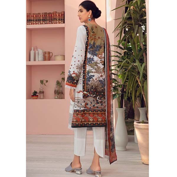 Dove White Jazmin 3pc Embroidered Lawn Front/Back With Chiffon Dupatta & Cambric Trouser