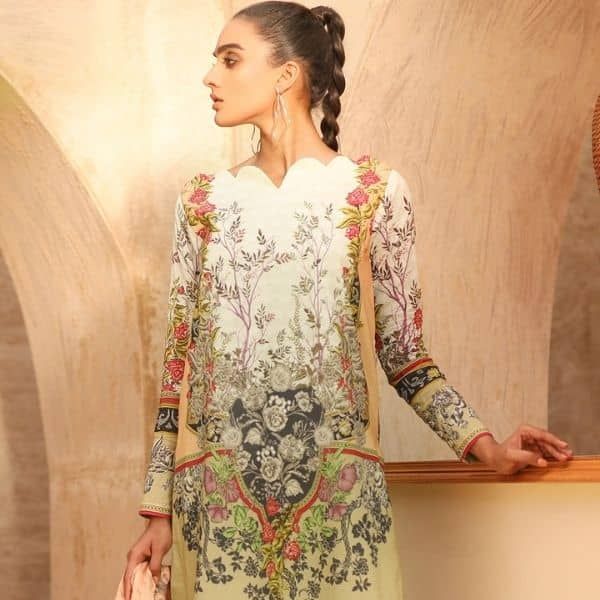 Three Piece Printed Suit With Jacquard Net Dupatta