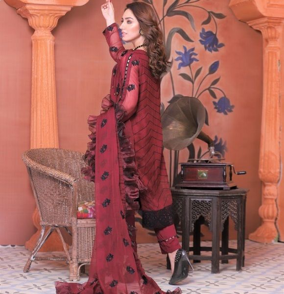 Maroon Valley Chiffon - Ketifa 3Pc Unstitched Embroidered Chiffon