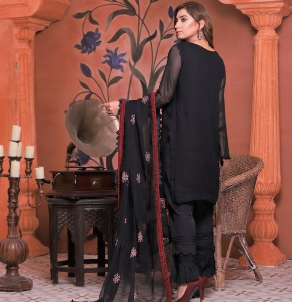 Black Shine Chiffon - 3Pc Unstitched Embroidered Chiffon