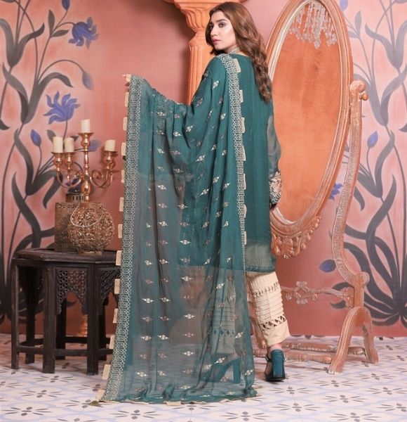 Elegant Green Chiffon - 3Pc Unstitched Embroidered Chiffon