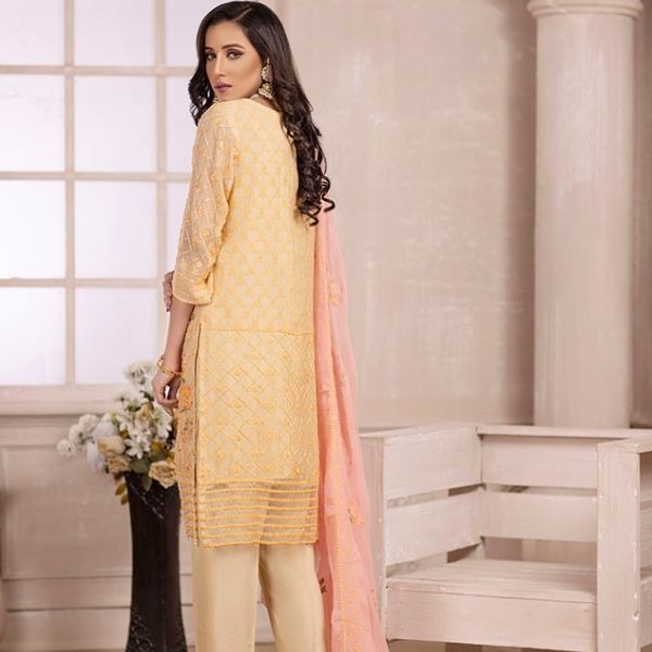 Tangy Peach Ketifa Embroidered Chiffon