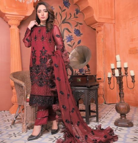 Maroon Valley Chiffon - Ketifa 3Pc Unstitched Embroidered Chiffon