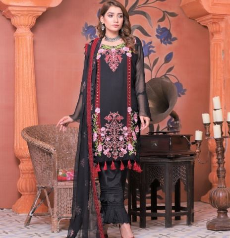 Black Shine Chiffon - 3Pc Unstitched Embroidered Chiffon