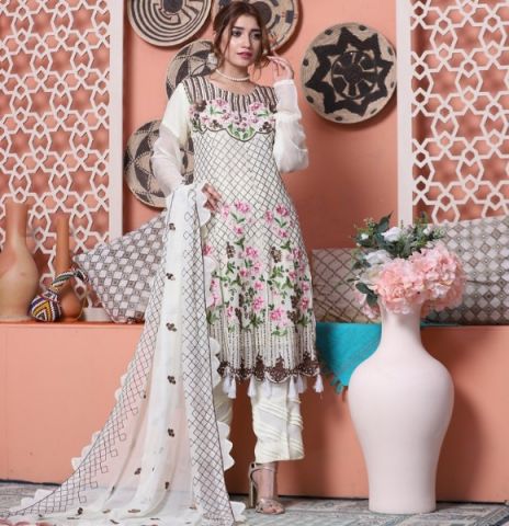 White Roomy Chiffon - 3Pc Unstitched Embroidered Chiffon