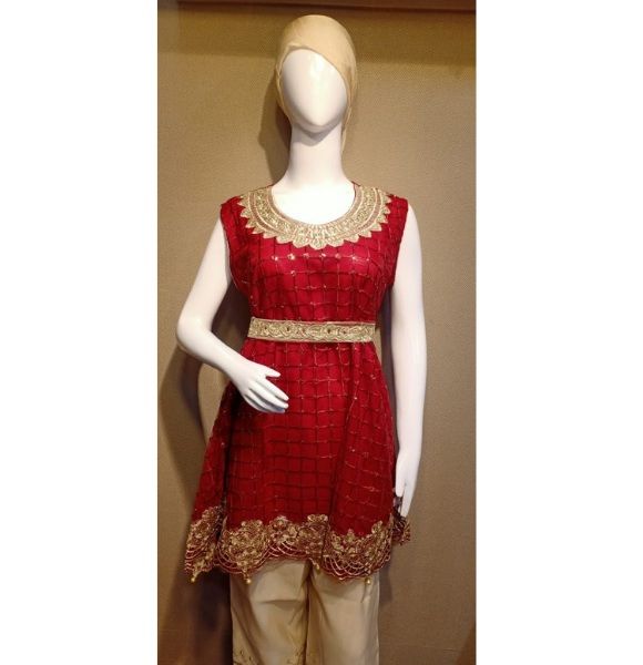 Embroided Red Net Suit 3 Pc