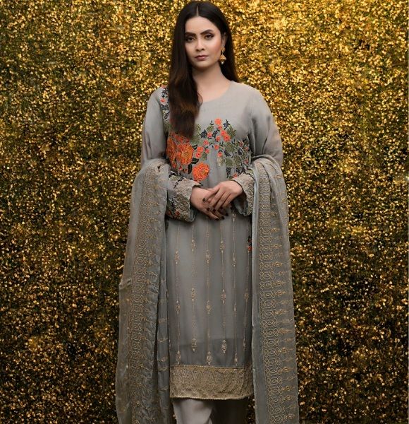 Gray Star - 3Pc Unstitched Embroidered Chiffon