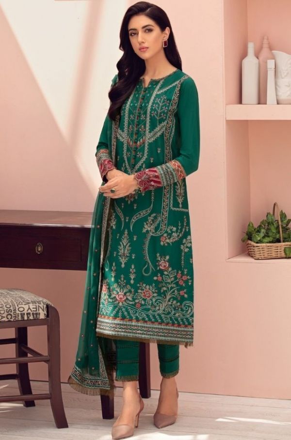 Forest Green Jazmin 3pc Embroidered Lawn Front/Back With Chiffon Dupatta & Cambric Trouser