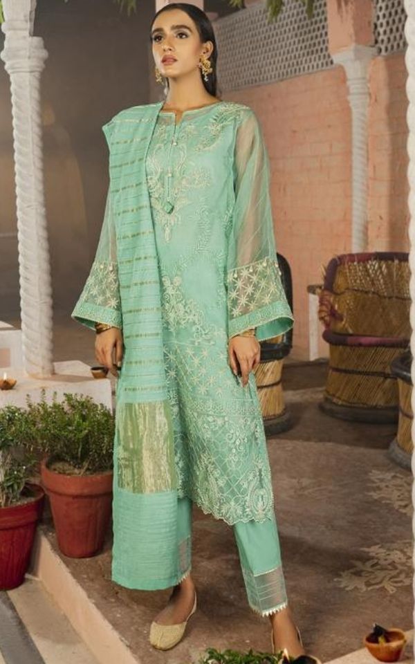 Baag E Koyal - Mint Green Organza Outfit with Tilla and Thread Embroidery