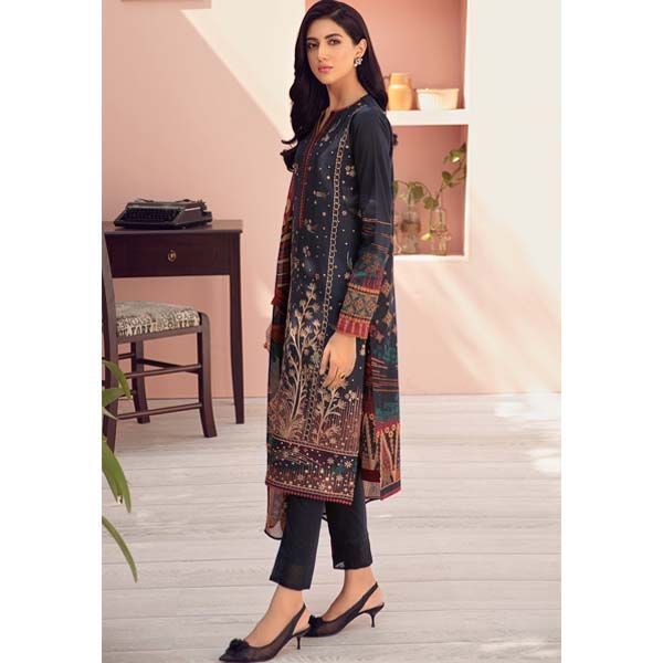 Charcoal Shadow Jazmin 3pc Embroidered Lawn Front/Back With Silk Dupatta & Cambric Trouser