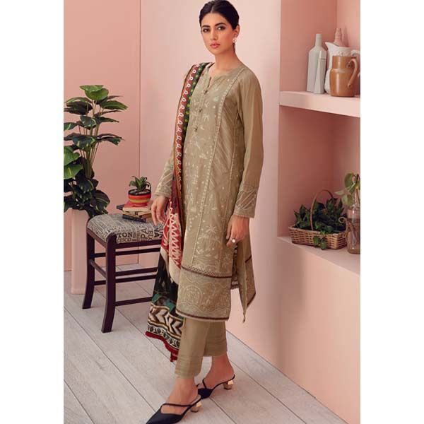 Camel Beige Jazmin 3pc Embroidered Lawn Front/Back With Silk Dupatta & Cambric Trouser