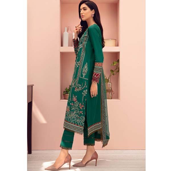 Forest Green Jazmin 3pc Embroidered Lawn Front/Back With Chiffon Dupatta & Cambric Trouser