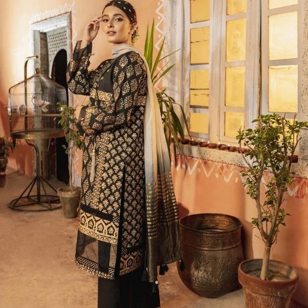 Mauj E Kajal - Gold Block Printed Raw Silk Outfit