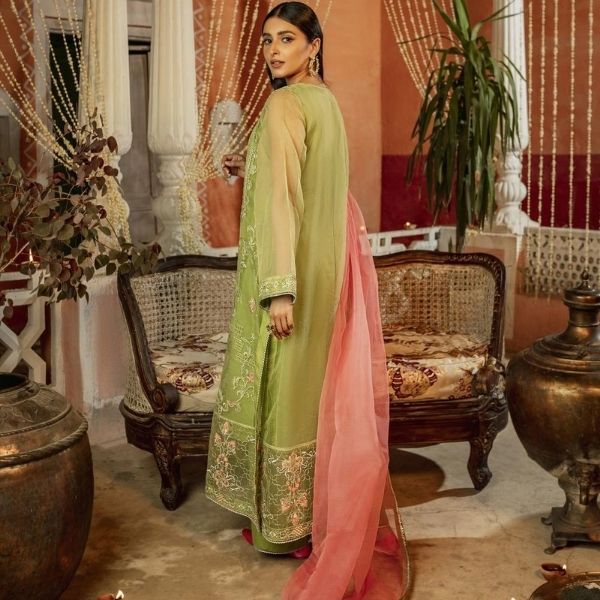Gul E Zar - Light Olive Green Organza Outfit with Inteicate Embroidery