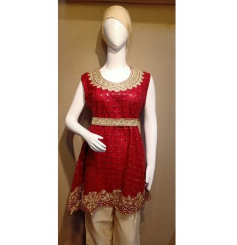 Embroided Red Net Suit 3 Pc