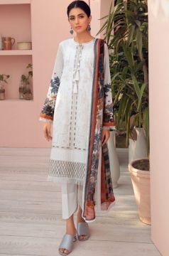Dove White Jazmin 3pc Embroidered Lawn Front/Back With Chiffon Dupatta & Cambric Trouser